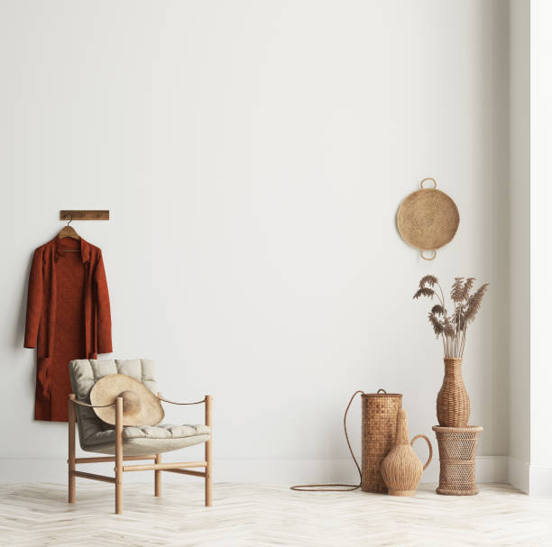 istock Home interior background with wicker furniture and decor, empty white wall mockup 1199241701