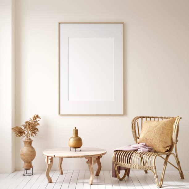 istock Mock up frame in home interior with rattan furniture, Scandi-boho style 1199241720