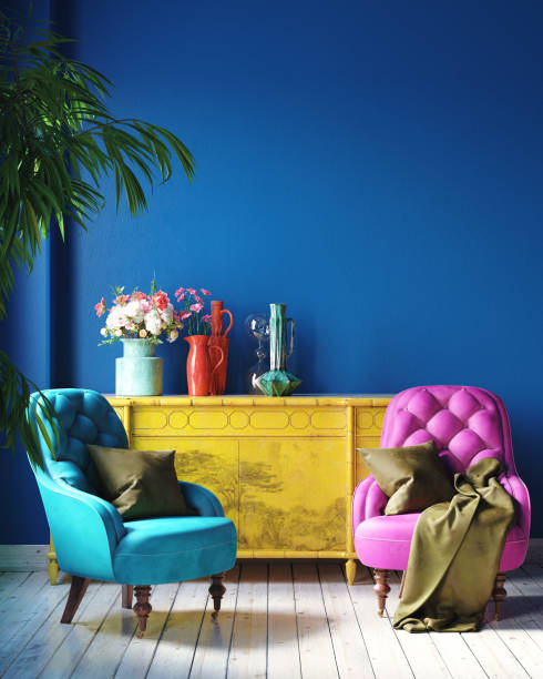 Dark colorful home interior with retro furniture, Mexican style living room Dark colorful home interior with retro furniture, Mexican style living room, 3d render blue interiors stock pictures, royalty-free photos & images