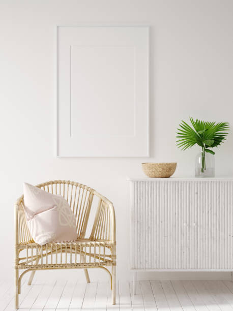 istock Mock up frame in home interior with rattan furniture, Scandi-boho style 1199241748