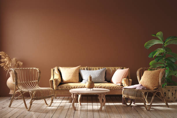 Modern interior in terracotta color with leather sofa, rattan armchairs and flower Modern interior in terracotta color with leather sofa, rattan armchairs and flower, 3d render terracotta color stock pictures, royalty-free photos & images