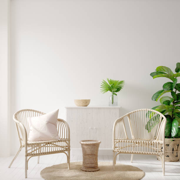 istock Home interior background with wicker furniture and decor, empty white wall mockup 1199241759