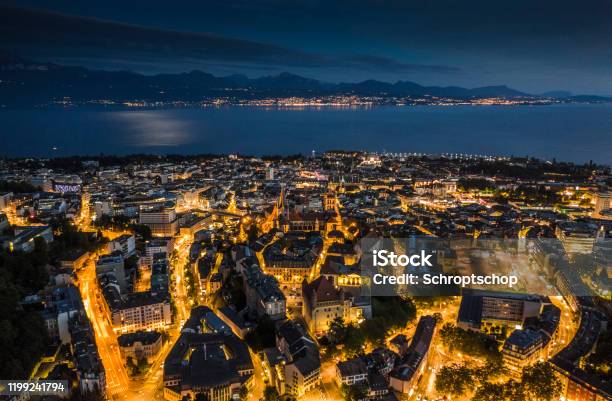 Lausanne Cityscape In Switzerland Stock Photo - Download Image Now - Lausanne, Switzerland, Night