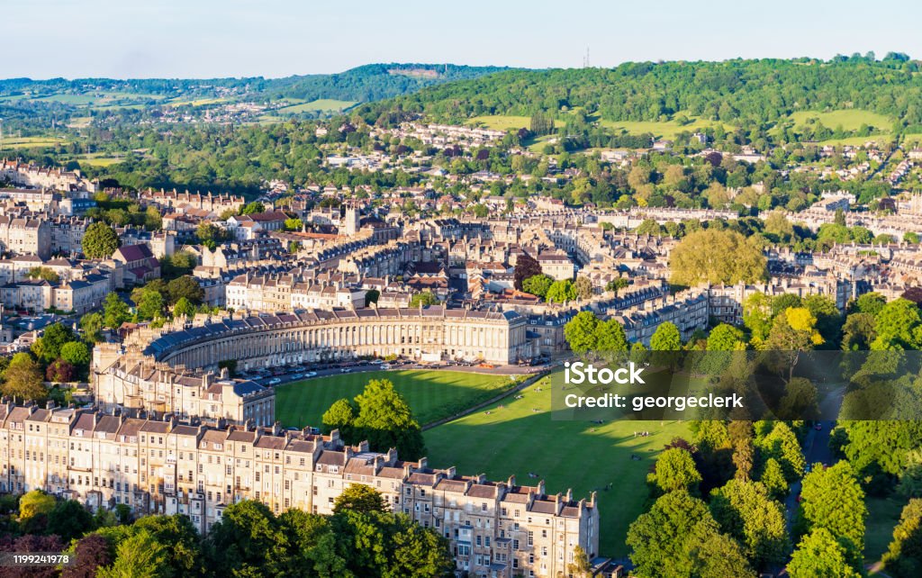 Historic Bath from the air Royal Crescent, one of Bath's most famous historic streets, and the lawns, parkland and other streets surrounding it. Photographed from a hot air balloon. Bath - England Stock Photo