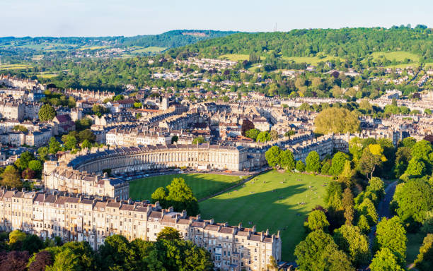 Historic Bath from the air Royal Crescent, one of Bath's most famous historic streets, and the lawns, parkland and other streets surrounding it. Photographed from a hot air balloon. bath england photos stock pictures, royalty-free photos & images