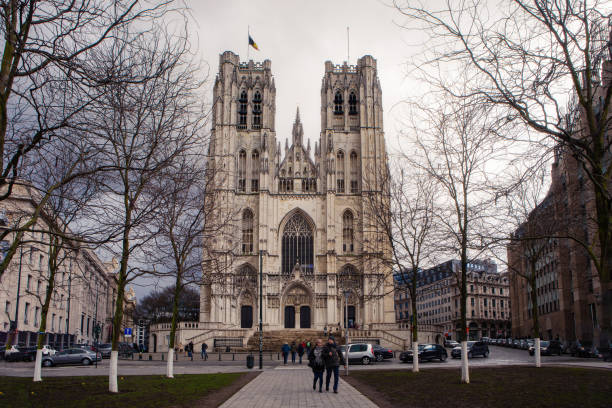 Brussels, Belgium - February 24, 2017:  The Cathedral of St. Michael and St. Gudula in Brussels, Belgium.