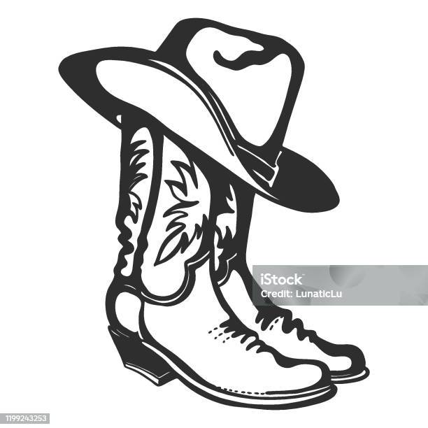 Cowboy Boots And Hat Vector Graphic Illustration Isolated On White For Design Stock Illustration - Download Image Now