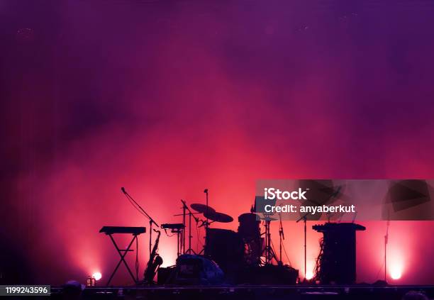 Concert Stage On Rock Festival Music Instruments Silhouettes Stock Photo - Download Image Now