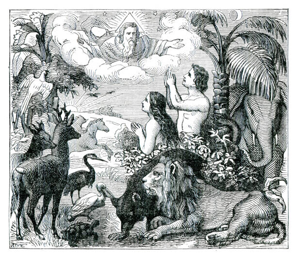Adam and Eve in Eden speaking to God illustration God Adam and Eve paradise illustration
Original edition from my own archives
Source : Biblische Geschichte 1882 adam and eve painting stock illustrations