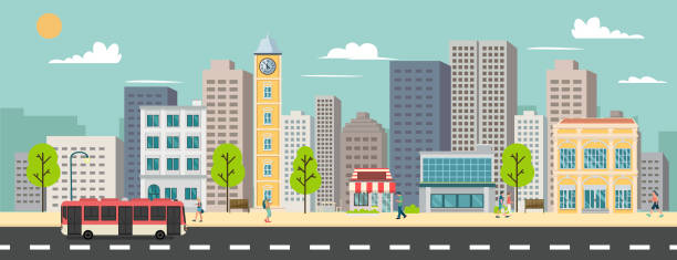 Cityscape and company buildings , minibus and van on street vector illustration.Business buildings and public bus stop in urban.Smart city with sky background Cityscape and company buildings , minibus and van on street vector illustration.Business buildings and public bus stop in urban.Smart city with sky background downtown district illustrations stock illustrations