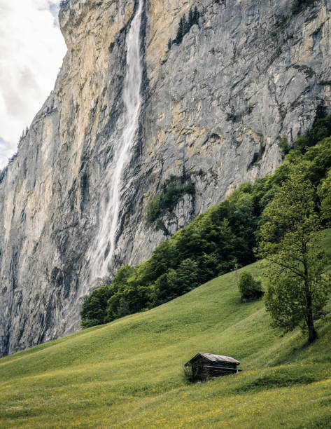 kabina i wodospad w lauterbrunnen - jungfrau waterfall tree nature zdjęcia i obrazy z banku zdjęć