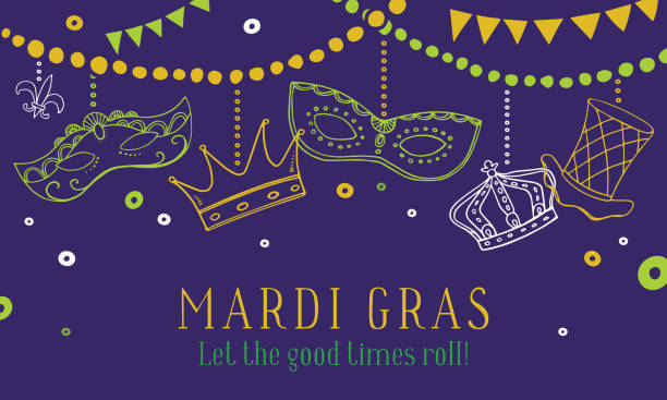 Mardi Gras composition with masks, crowns and hat hanging on beads. Vector hand drawn sketch color illustration Mardi Gras composition with masks, crowns and hat hanging on beads. Vector hand drawn sketch color illustration on purple background new orleans mardi gras stock illustrations