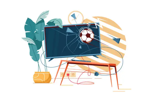 Vector illustration of Football ball punching and crushing tv destroying furniture.