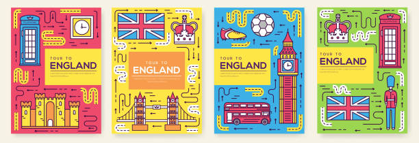 ilustrações, clipart, desenhos animados e ícones de inglaterra vetor brochura cartões linha fina definida - england map soccer soccer ball