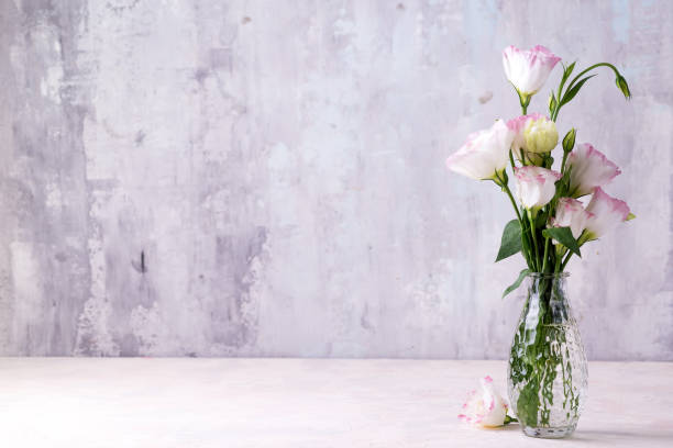 istock Eustoma flowers in vase on table near stone wall, space for text. Blank for postcards 1199254453