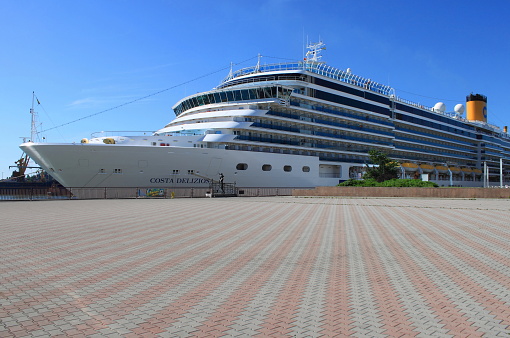 Cruise liner COSTA DELIZIOSA of Costa Crociere cruise company moored at passenger terminal in port of Odessa. June 01, 2013