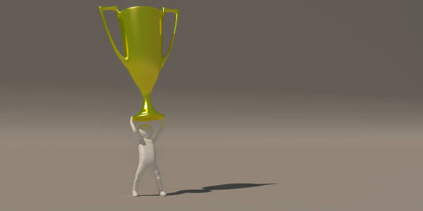 istock 3d rendering, A white characters who have received a gold trophy 1199256131