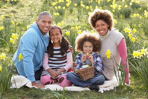 familia descansando en campo de primavera daffodils - daffodil easter egg hunt easter easter egg fotografías e imágenes de stock