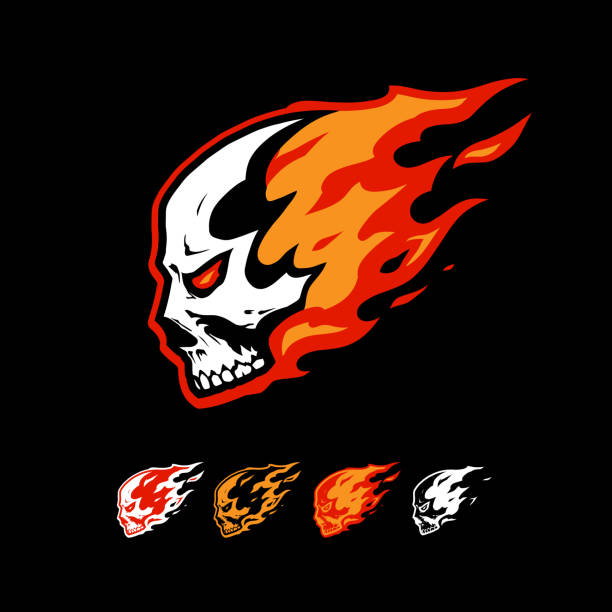 schädel in flamme logo vorlage - inferno fire flame skull stock-grafiken, -clipart, -cartoons und -symbole
