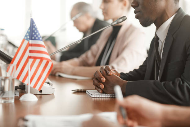 istock African man at press conference 1199259711