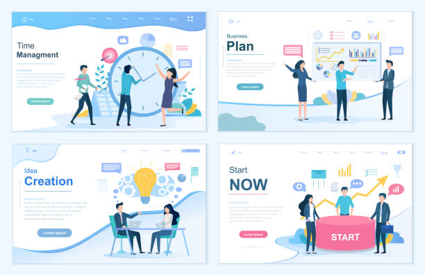 Set motivational posters for business solutions Set of motivational posters for business solutions on Time Management, Planning, Idea Creation and Starting a Project business plan document stock illustrations