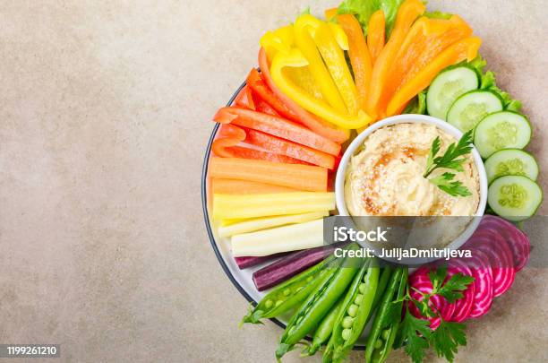 Hummus Platter With Assorted Vegetable Snacks Healthy Vegan And Vegetarian Food Stock Photo - Download Image Now