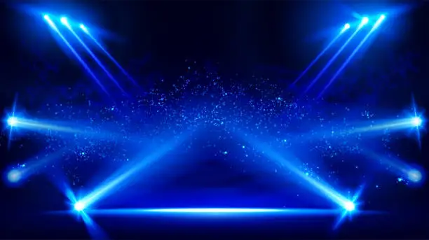 Vector illustration of Illuminated stage with scenic lights and smoke. Blue vector spotlight with smoke volume light effect on black background. Stadium cloudiness projector. Mist show room. Vector.
