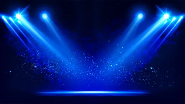 Vector illustration of Illuminated stage with scenic lights and smoke. Blue vector spotlight with smoke volume light effect on black background. Stadium cloudiness projector. Mist show room. Vector.
