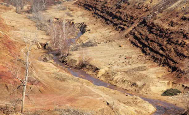 Polluted rivulet along with the old tailings Trepca's in Zvecan, Canyon in Kosovo