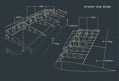 Vector illustration of drawings of the wings of an airplane and its internal structure