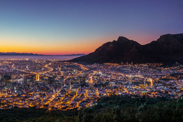 View of Table Mountain and Cape Town City at sunrise on a beautiful morning, Cape Town, South Africa stock photo