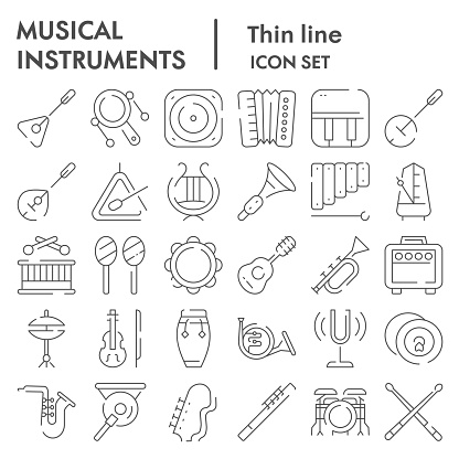 Musical instruments thin line icon set, sound instruments symbols collection, vector sketches, symbol illustrations, music equipment signs linear pictograms package isolated on white background, eps 10