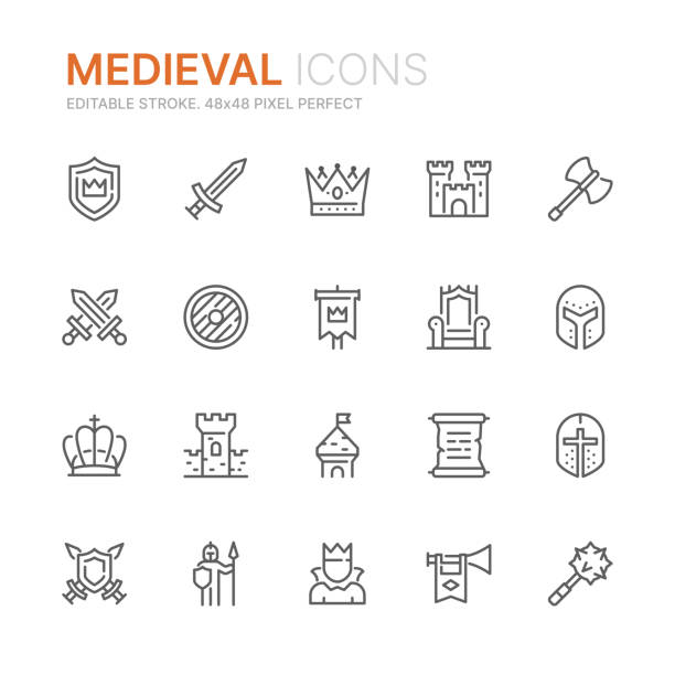 Collection of medieval related line icons. 48x48 Pixel Perfect. Editable stroke Collection of medieval related line icons. 48x48 Pixel Perfect. Editable stroke blunt stock illustrations