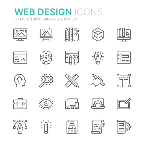 web デザインおよび開発関連のライン アイコンのコレクション。48x48ピクセルパーフェクト。編集可能なストローク - 発展点のイラスト素材／クリップアート素材／マンガ素材／アイコン素材