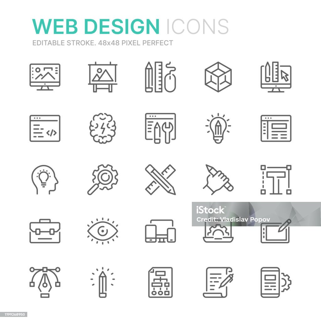 Coleção de ícones de linha relacionados ao web design e desenvolvimento. 48x48 Pixel Perfeito. Acidente vascular cerebral editável - Vetor de Design royalty-free