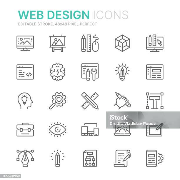 Vetores de Coleção De Ícones De Linha Relacionados Ao Web Design E Desenvolvimento 48x48 Pixel Perfeito Acidente Vascular Cerebral Editável e mais imagens de Design