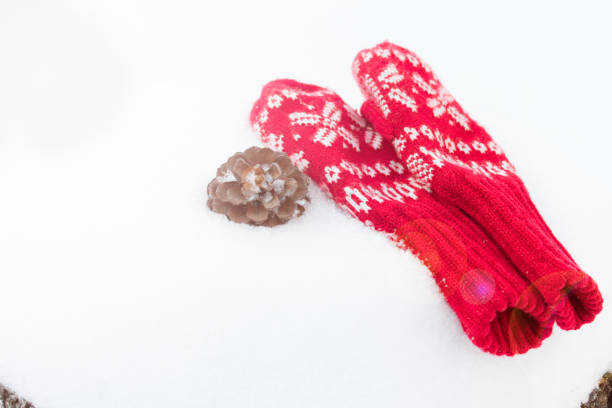 istock Soft warm red knitted mittens on the white snow 1199270870