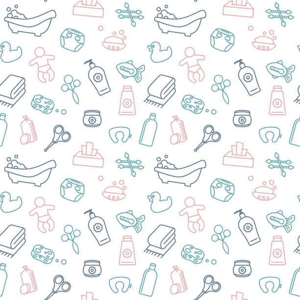 Seamless background on the theme of Baby bathing and care. Vector pattern Seamless background on the theme of Baby bathing and care. Vector pattern bathroom patterns stock illustrations