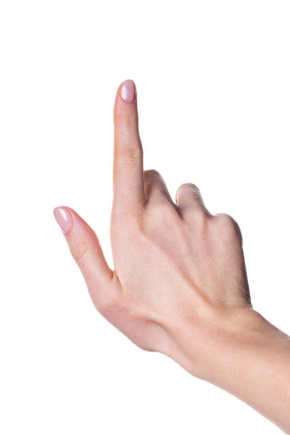 istock Female hand touching screen on a white background 1199273902