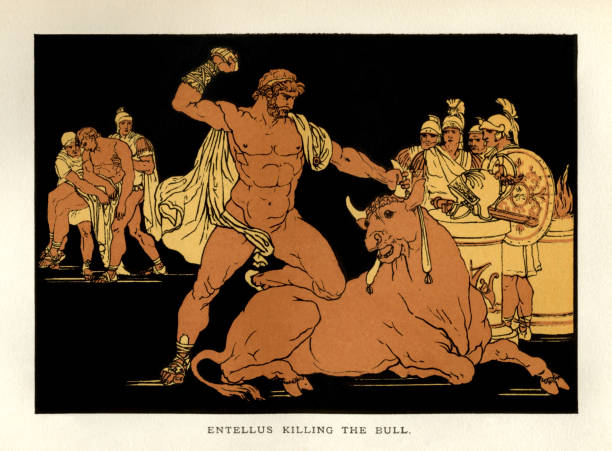 illustrazioni stock, clip art, cartoni animati e icone di tendenza di storie da virgilio - entello che uccide il toro - mythology roman greek mythology virgil