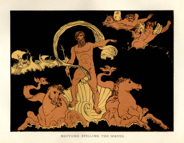 illustrazioni stock, clip art, cartoni animati e icone di tendenza di storie di virgilio - nettuno che ferma le onde - roman mythology illustrations