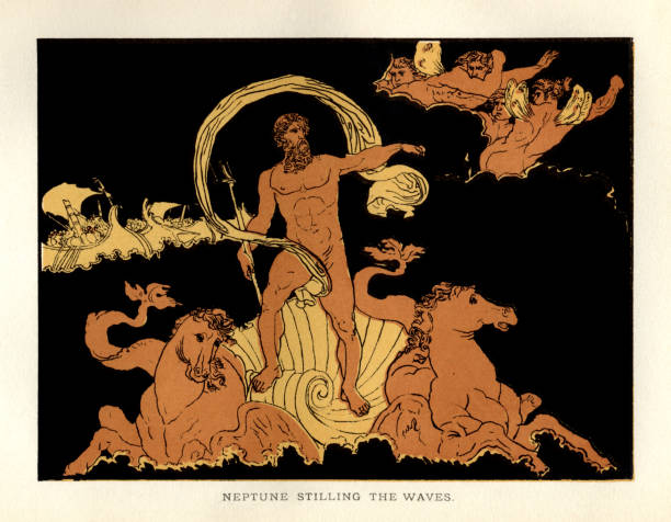 ilustrações, clipart, desenhos animados e ícones de histórias de virgílio - netuno acalmando as ondas - roman mythology