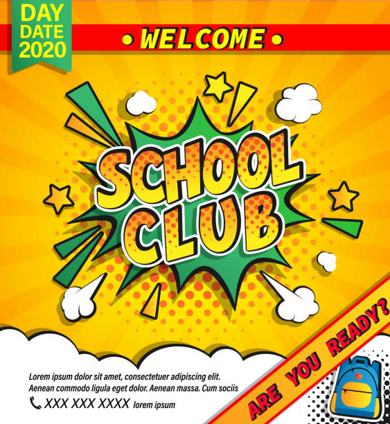 ÐÑÐ½Ð¾Ð²Ð½ÑÐµ RGB Kids school summer camp banner.Fest activities and sport competitions in summer holidays.Great vintage template design in retro pop art style for flyers,greetings, congratulations.Vector illustration. fun school background stock illustrations