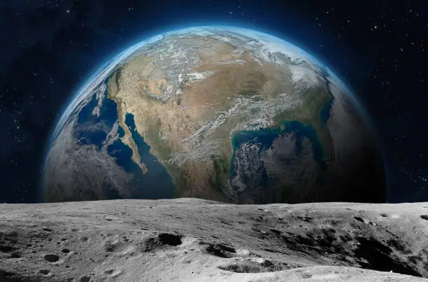 Photo of Moon surface and planet Earth.