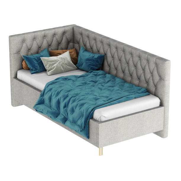 istock Children's quilted bed with pillows and a blue blanket on a white background. 3d rendering 1199283682