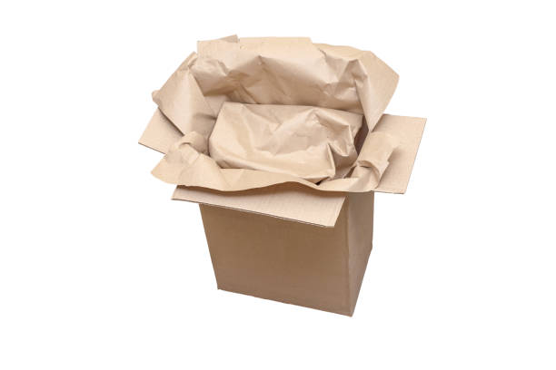 istock Single cardboard box with brown wrapping paper inside isolated on white background. Delivery, moving, package concept 1199284776