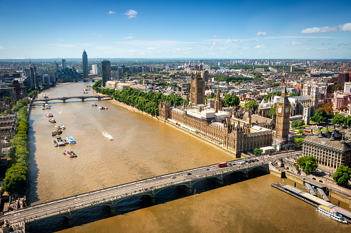 aerial view of Big Ben and the House of Parliament and Thames river in London, UK