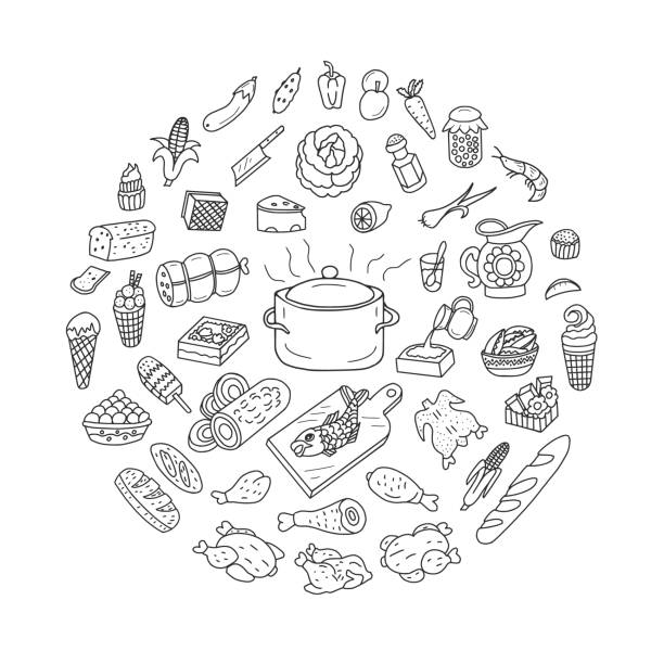 Food and Cooking Doodles Set Different food and cooking. Vector illustration. Doodle set. cooking drawings stock illustrations