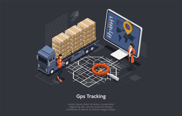 isometrisches online cargo delivery tracking system mit gps-position des lkw. arbeiter überwachen die lage des lastwagens auf der karte. flacher stil. vektor-illustration - verfolgung stock-grafiken, -clipart, -cartoons und -symbole