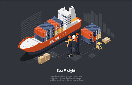 Global logistics network concept. Set of Cargo Ship, Containers, Forklift, Workers. Transportation maritime shipping On-time delivery designed to carry large numbers of Sea freight. Flat style